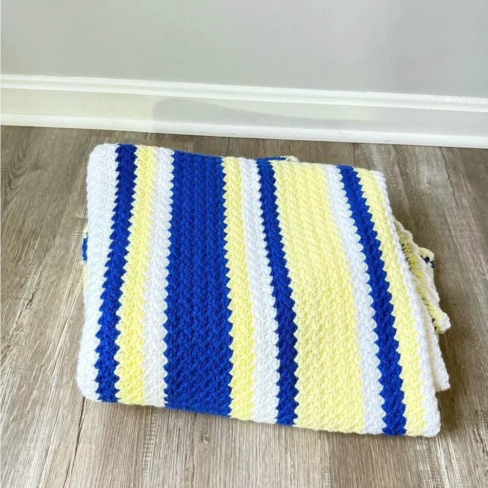 VTG Crochet Afghan Chevron Striped Blue Yellow Blanket Throw Michigan Football